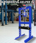 Beefy Shop Press For Auto Repairs And DIY Projects With Easy Setup Blue Powder Coated Steel Frame in a workshop setting.