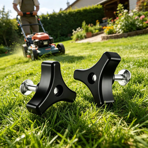 Upgrade Your Ride With These Tough Laqusie Two Piece Screw And Knob Bolts For Lawn Mower Handles Featuring No Tools Needed Universal Fit For Push And Riding Tractors To Fix Worn Grip And Boost Stability Instantly With Durable Steel Build Today. Two black steel mower handle bolts on grass