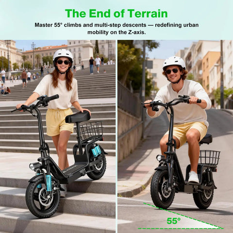 All Terrain Electric Scooter With Seat For Adults 1600W Peak Power 42 Mile Range 20 MPH Top Speed 14 Inch Off Road Tires on stairs