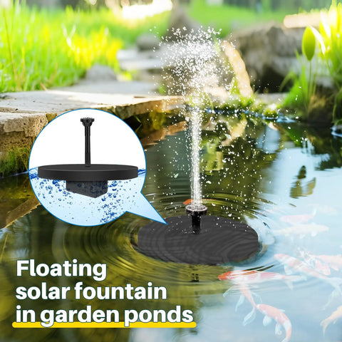 Solar Pond Fountain Pump 5.5W With Double Layer Nozzles in garden pond with koi fish, water spraying upwards