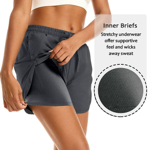 2 In 1 Women's Running Shorts With Built In Mesh Liner And Zip Pockets Double Layer Athletic Workout Shorts, Deep Grey Size M