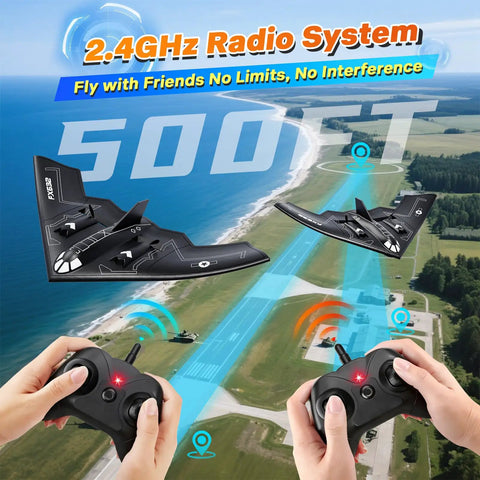 B2 Spirit Stealth Bomber RC Plane Ready to Fly 2CH Remote Control flying over park with controllers, showcasing 500ft range