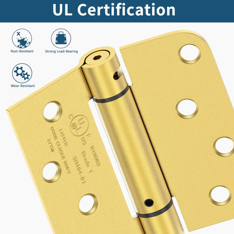 Close-up of UL Listed Self Closing Door Hinges With Spring Loaded Action, 4 Inch, Brushed Gold showing rust resistance features.