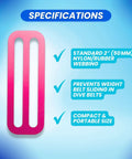 Pink aluminum belt keeper for 2-inch webbing with specifications for weight belt use underwater.