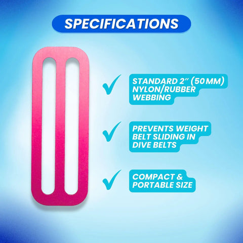 Pink aluminum belt keeper for 2-inch webbing with specifications for weight belt use underwater.