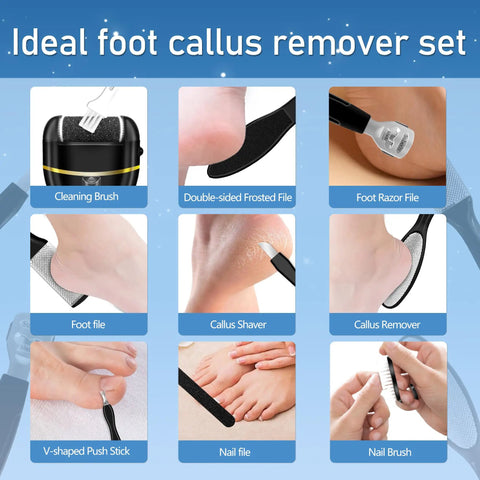 Waterproof Electric Foot Callus Remover With Three Roller Heads Two Speed Settings Battery Display At Home 17 in 1 kit tools