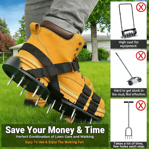 Lawn Aerator Shoes With 2.2 Inch Heavy Duty Spikes Metal Shovel Garden Gloves Adjustable Straps One Size Fits All in use on lawn.