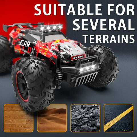 2.4GHz Remote Control Off Road Monster Truck 1 18 Scale With LED Lights shown with suitable terrains and LED lights on