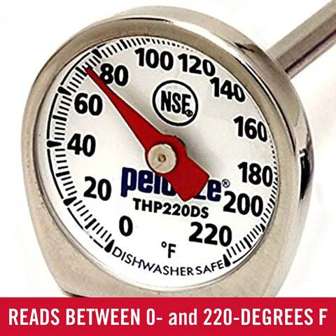 Pocket Size Instant Read Thermometer For Meat And Food, Red, showing 0 to 220°F range, stainless steel with NSF certification