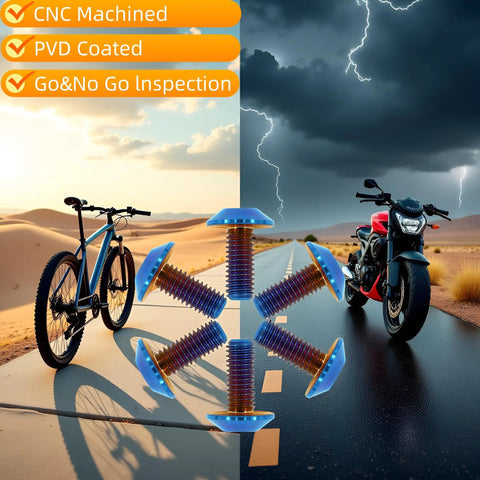 Badass Lightweight Titanium Bolts M6x15 Umbrella Head Star Drive Burnt Blue Six Piece Set For Bicycle Motorcycle And Car Setup Corrosion Free Heavy Duty Rig Hardware displayed on bike and motorcycle with contrasting backgrounds.
