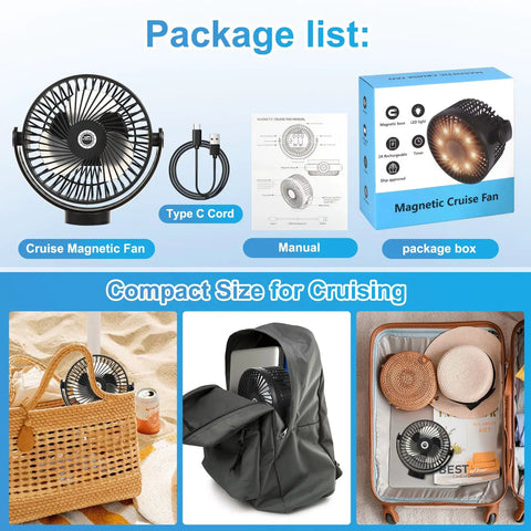 Ceiling Or Wall Mount Magnetic Cruise Fan With 8000mAh Rechargeable Battery, LED Light, Timer, in packaging with accessories.
