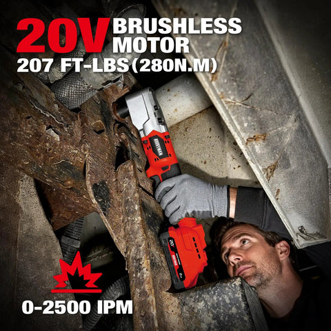 Compact 20V Brushless Right Angle Impact Wrench With Half Inch Square Drive Produces 207 Foot Pounds Max Torque for tight engine work.