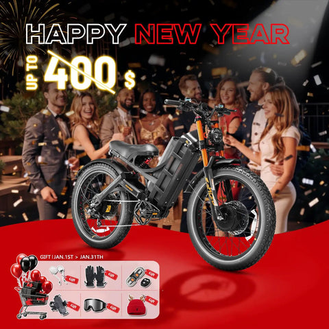 Badass Dual Motor Electric Bike For Adults 5600W Peak Power Hits Fifty Mph Fast on display for New Year celebration.