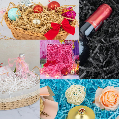 Image collage featuring crinkle cut paper shred filler for gift baskets in various colors, ideal for decor and packaging, 4.5 oz.