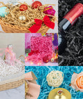 Hassle Free Black Crinkle Cut Paper Shred Filler For Gift Baskets And Boxes Smooth Cushion Wrapper used in a black gift basket.
