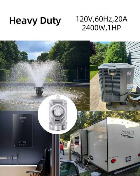 Straight Up Tough Outdoor Mechanical Timer Switch 24 Hour With 30 Minute Intervals For Backyard Lighting And Power Boxes near a fountain.