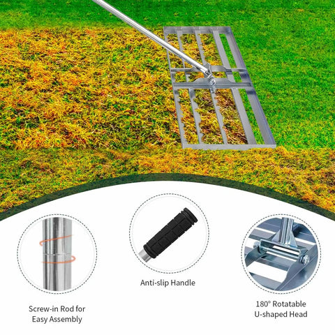 Beefy Heavy Duty Lawn Leveling Rake 30x10 Inch Professional Grade Leveler Tool with Adjustable 78 Inch Handle in action on grass