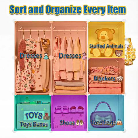 Portable Baby Wardrobe Closet For Kiddo Storage Organizer With Side Hooks DIY Modular Toy And Clothing Organizer Lightweight And Easy To Tidy Tiny Gear White showcasing organized clothes, toys, and accessories compartments.
