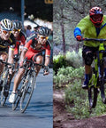 Cyclists racing on road bikes and a mountain biker jumping on a trail in the forest
