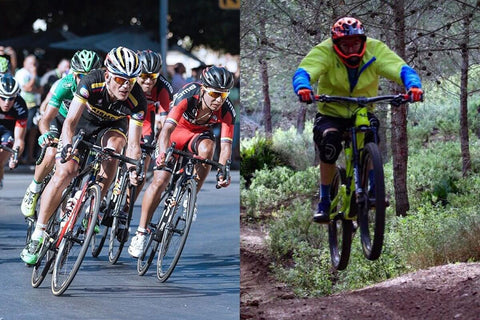 Cyclists racing on road bikes and a mountain biker jumping on a trail in the forest