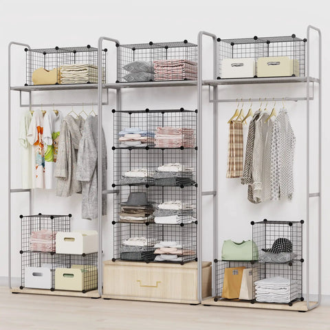Organized closet with Six Cube Wire Storage Organizer Shelf for books toys clothes tools, 12x12x12 inch DIY cube shelf in use.