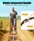 Man using 52CC Gas Powered Tiller Cultivator For Lawn And Garden, Air Cooled Single Cylinder Engine, in field with control handle inset
