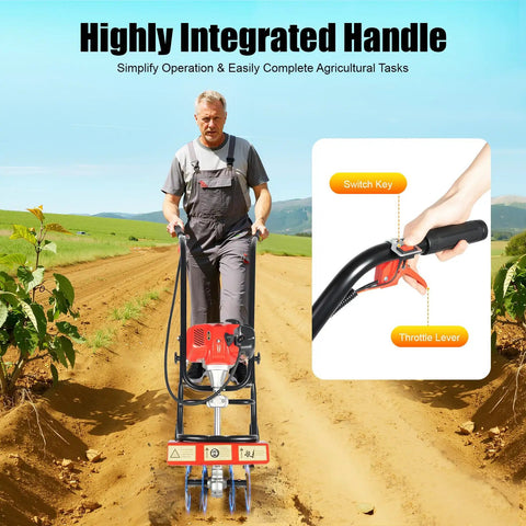 Man using 52CC Gas Powered Tiller Cultivator For Lawn And Garden, Air Cooled Single Cylinder Engine, in field with control handle inset