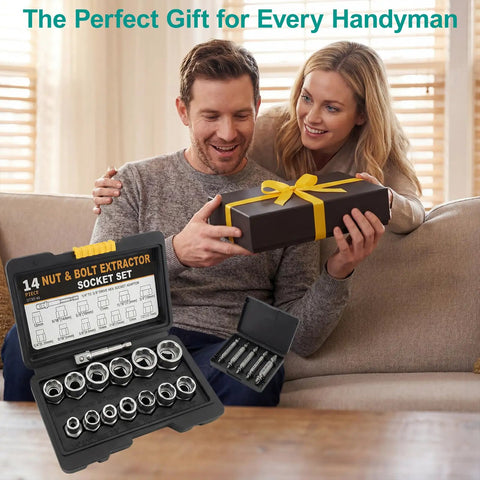 Couple on couch presenting Beast 19 Piece Bolt And Screw Extractor Set For Rusted Stripped Frozen Broken Screws Bolts Nuts DIY
