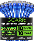 Cat6 Ethernet Patch Cables 10 Ft Blue 10 Pack for Dope Home Office Networking, 10Gbps Ready, showcasing gearit branding