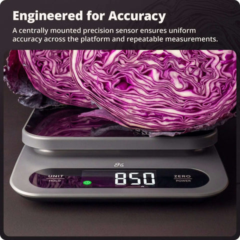 Beast Mode Kitchen Scale For Bulk Cooking 22 Pound Digital Food Scale on stainless steel platform weighing half a cabbage