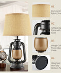 Rustic Lantern Table Lamps Pair 21 Inch Tall Farmhouse Style Lamps With Vintage Coffee Brown Glass Shade For Living Room Nightstand End Table Bedroom Setup 4 Bulbs Included