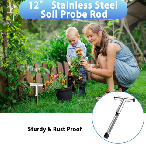 Mother and child with 12 Inch Stainless Steel Soil Sampler Probe With T Style Handle For Easy Soil Sampling In Garden.