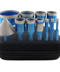 Beast Diamond Core Drill Bit Hole Saw Kit For Porcelain Tile Ceramic Marble Granite Dry Drilling Triangle Shank 11 Pieces Sizes 6mm To 65mm on a black case