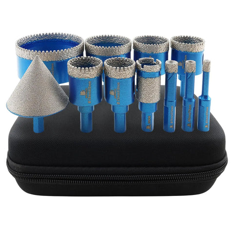 Beast Diamond Core Drill Bit Hole Saw Kit For Porcelain Tile Ceramic Marble Granite Dry Drilling Triangle Shank 11 Pieces Sizes 6mm To 65mm on a black case