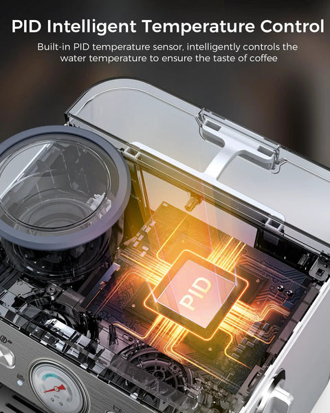 PID Intelligent Temperature Control inside Freshly Ground Coffee Built-In Grinder for optimal brewing precision.