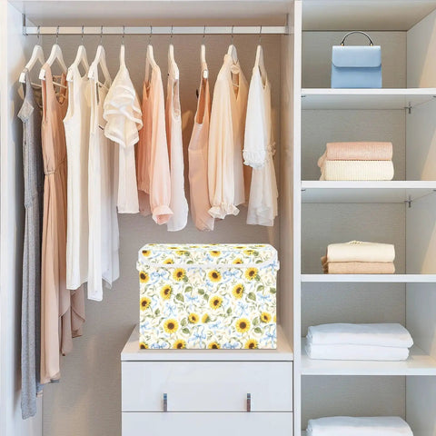 Kick Butt Foldable Storage Bin With Lid And Handles Built From Heavy Duty 300D Oxford Fabric For Roomy Collapsible Organization Crate in floral design placed in a closet.