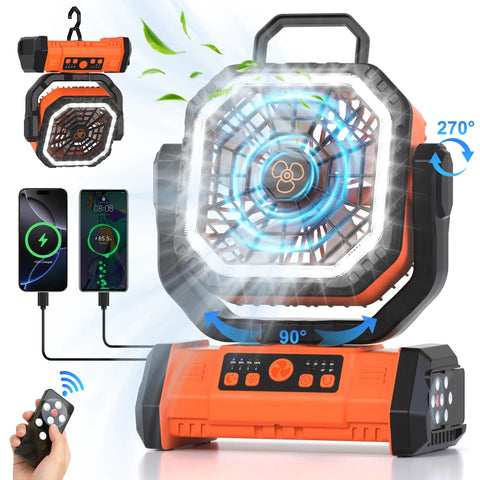 Portable 20000mAh Rechargeable Camping Fan With LED Light Remote USB C and USB A Charging 4 Speeds Timer Hanging Hook