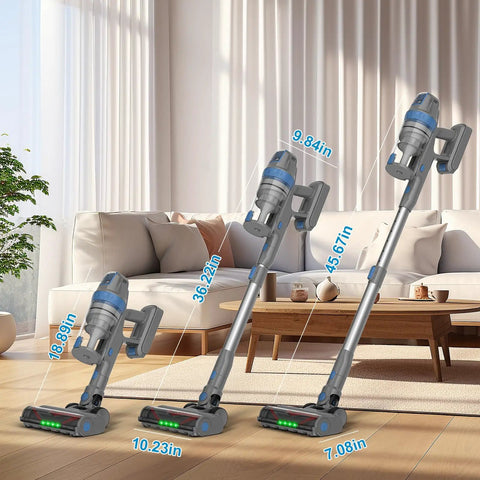 Different heights of Cordless Vacuum Cleaner With 38KPa Suction And 450W Brushless Motor LED Display in a living room