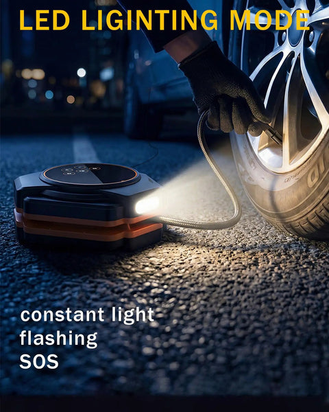 150 PSI Portable Tire Inflator Air Compressor. 4X Faster Inflation For Cars And Bikes. Dual Digital Display, Auto Shut-Off, And Bright LED Light. Compact Handheld Pump With 12V DC Car Plug. Fast Precise Air Flow At 35L Min Max Pressure.