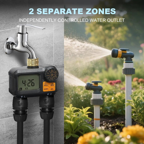 Water Timer For Garden Hose Two Outlet Sprinkler System With Brass Swivel Rain Delay Manual Watering And Automatic Irrigation