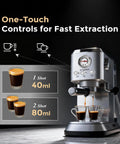 Zero Hassle Compact Espresso Maker With Milk Frother, 20 Bar Pump Delivers Quick Shots, 50 Ounce Tank with one-touch controls for fast extraction.