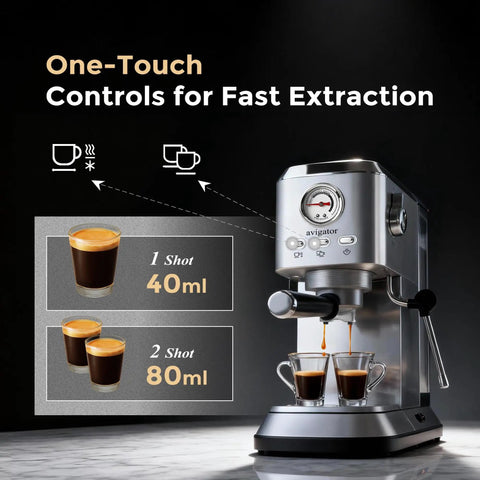 Zero Hassle Compact Espresso Maker With Milk Frother, 20 Bar Pump Delivers Quick Shots, 50 Ounce Tank with one-touch controls for fast extraction.