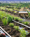 1640 Ft Five Eighth Inch Drip Tape Kit With Six Inch Emitter Spacing in garden with 0.5 GPH flow, showcasing irrigation system