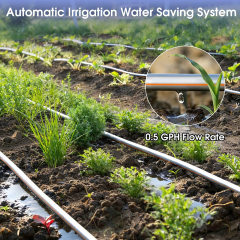 1640 Ft Five Eighth Inch Drip Tape Kit With Six Inch Emitter Spacing in garden with 0.5 GPH flow, showcasing irrigation system