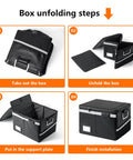 Box unfolding steps for Fireproof Waterproof Document Box With Lock Collapsible Portable File Organizer in black, 15.7x11.2x10.2 inches.