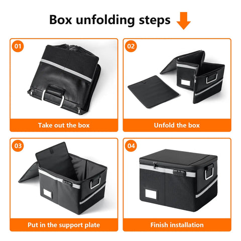 Box unfolding steps for Fireproof Waterproof Document Box With Lock Collapsible Portable File Organizer in black, 15.7x11.2x10.2 inches.
