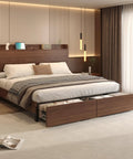 Queen Size Bed Frame With Storage Headboard And Two Drawers Mid Century Modern Platform Bed Featuring Built In Charging Station And Smart Shelf Solid Wood Slats Support No Box Spring Needed A Totally Hassle Free Pick in stylish bedroom setting.