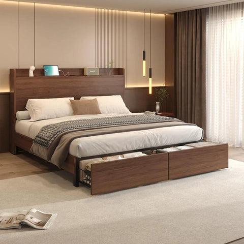 Queen Size Bed Frame With Storage Headboard And Two Drawers Mid Century Modern Platform Bed Featuring Built In Charging Station And Smart Shelf Solid Wood Slats Support No Box Spring Needed A Totally Hassle Free Pick in stylish bedroom setting.