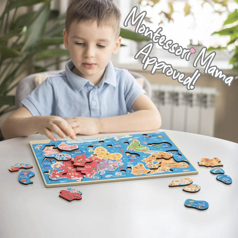 Child playing with World Map Wooden Puzzle For Kids Ages 4 To 6: Learn Continents And Oceans With Landmarks, Animals And Marine Life.