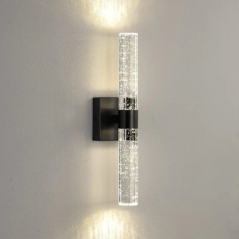 Modern Black Crystal LED Bathroom Sconce 18 Inch Wall Light Fixture 4000K Vanity Light on grey wall